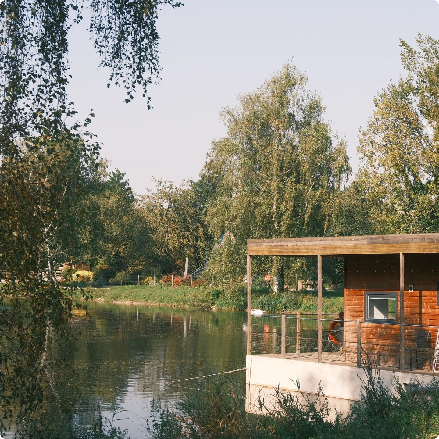 Cabane en bois sur pilotis au bord d'un étang bordé d'arbres