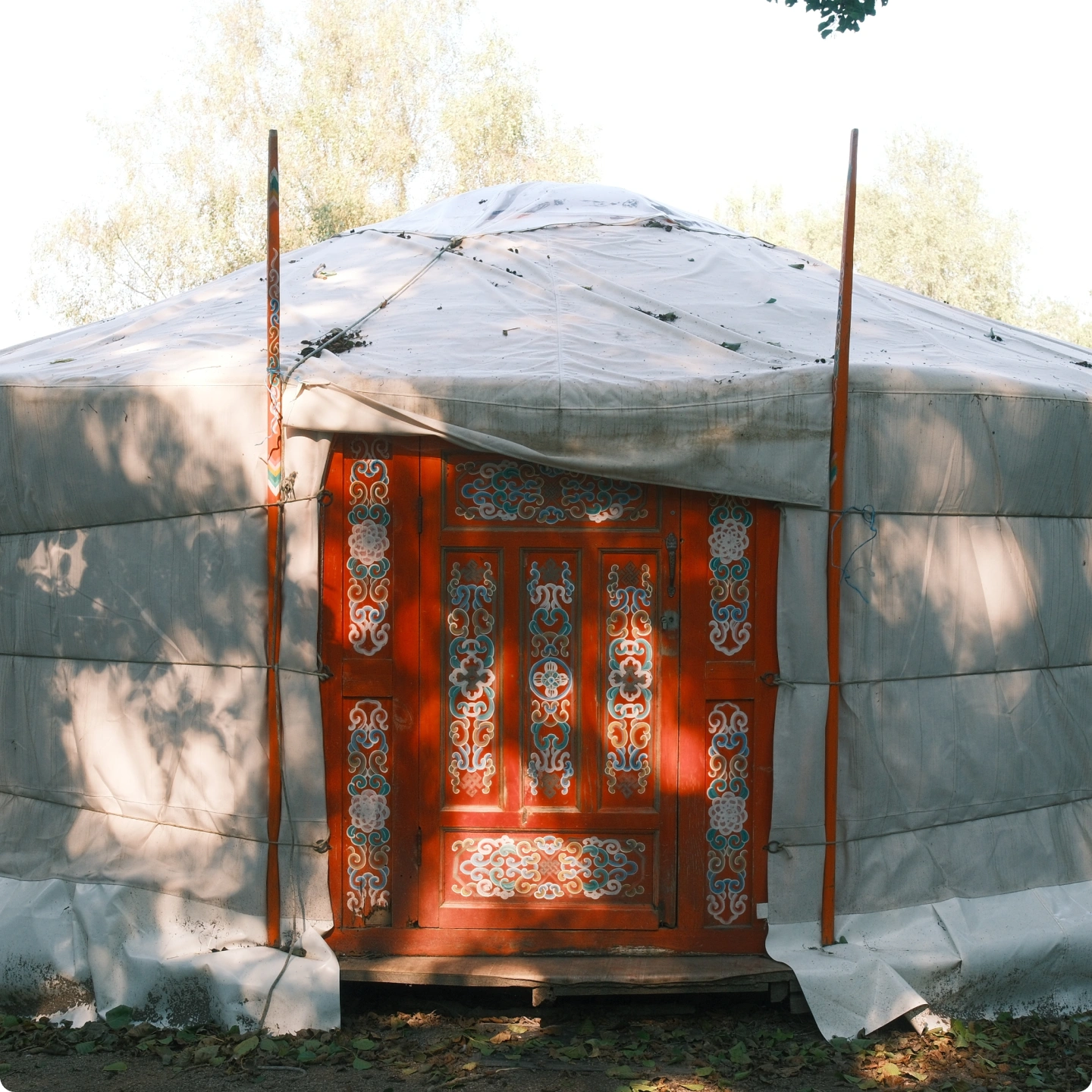 Yourte mongole à la porte orange peinte de motifs, sous les arbres