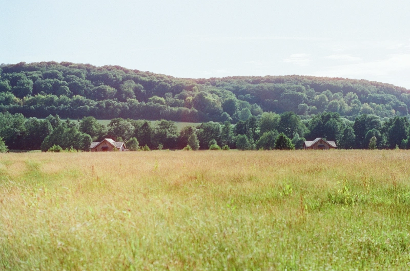 Grassy field opening onto the Cabanes sur l'eau with the hill in the background