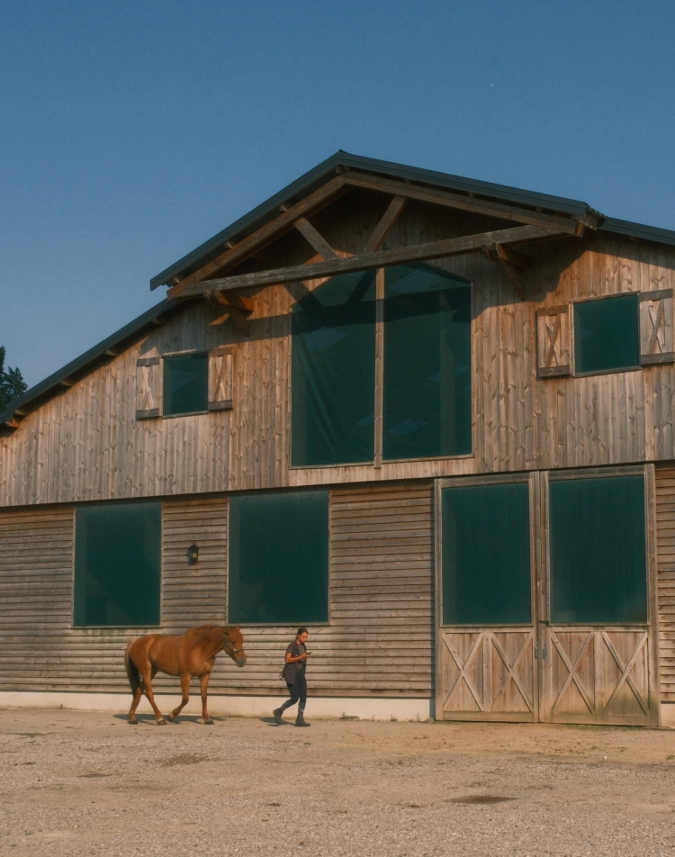 Personne menant un cheval devant un grand manège en bois