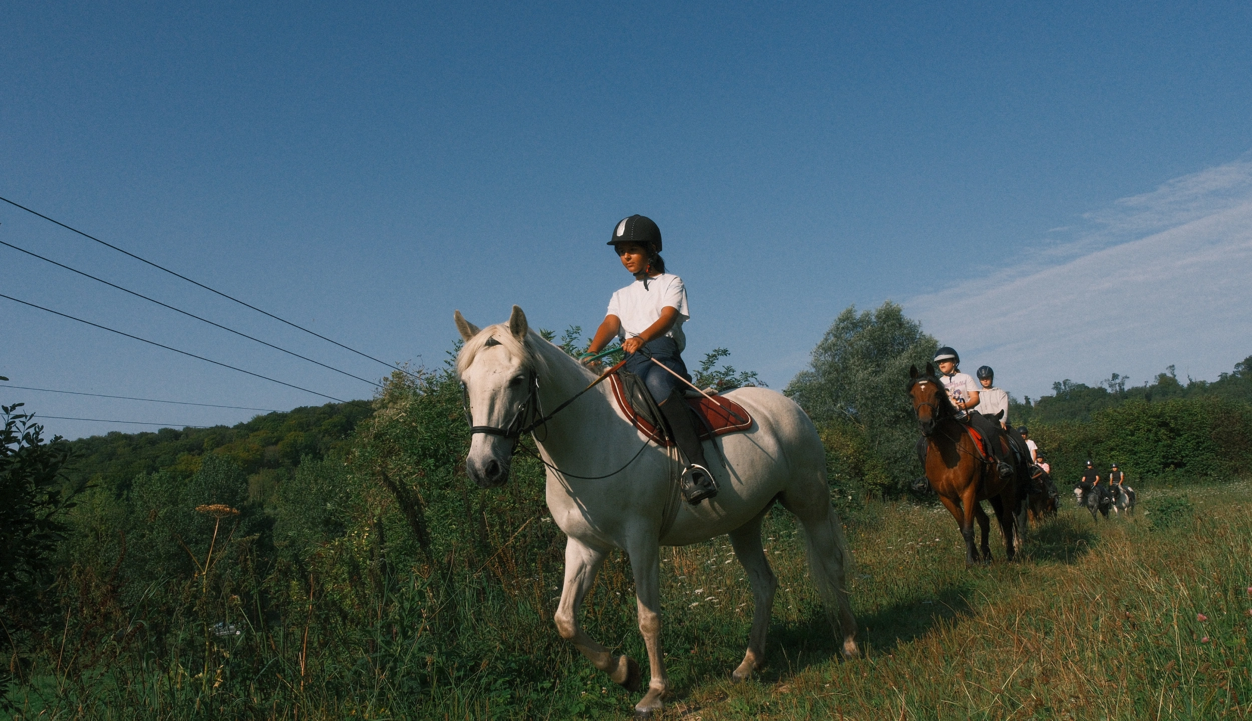 Young riders trail riding through a meadow under a blue sky