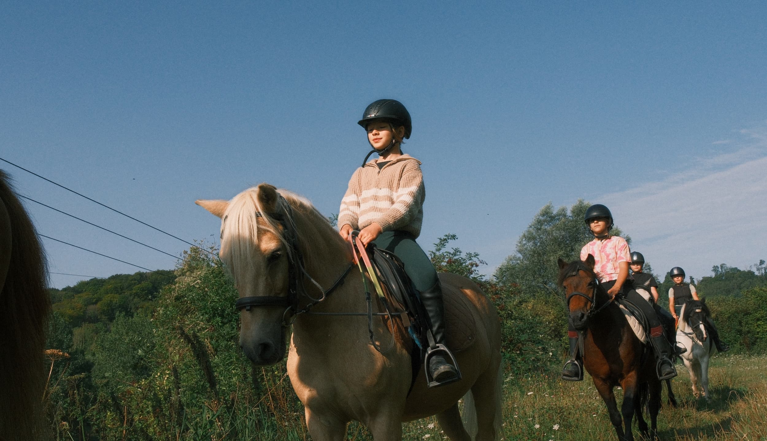 Child in a pink sweater on a palomino pony, other riders behind