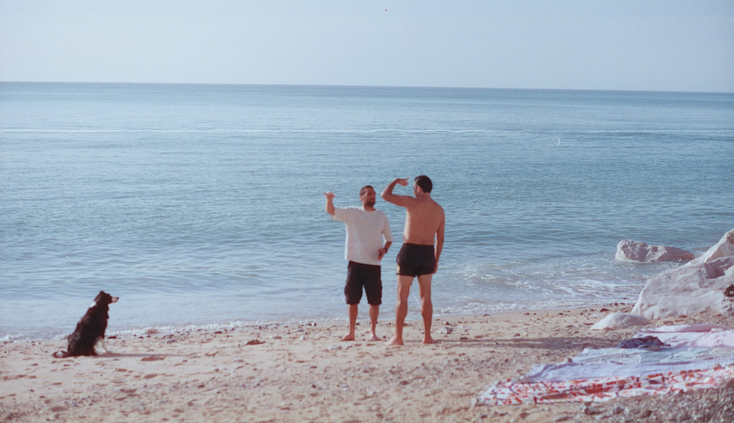 Two men and a dog on a beach facing the sea